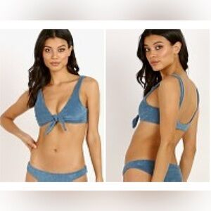 NEW Mara Hoffman Rio Slate Blue Textured Terry Fabric Knot Front Bikini Top Sz L